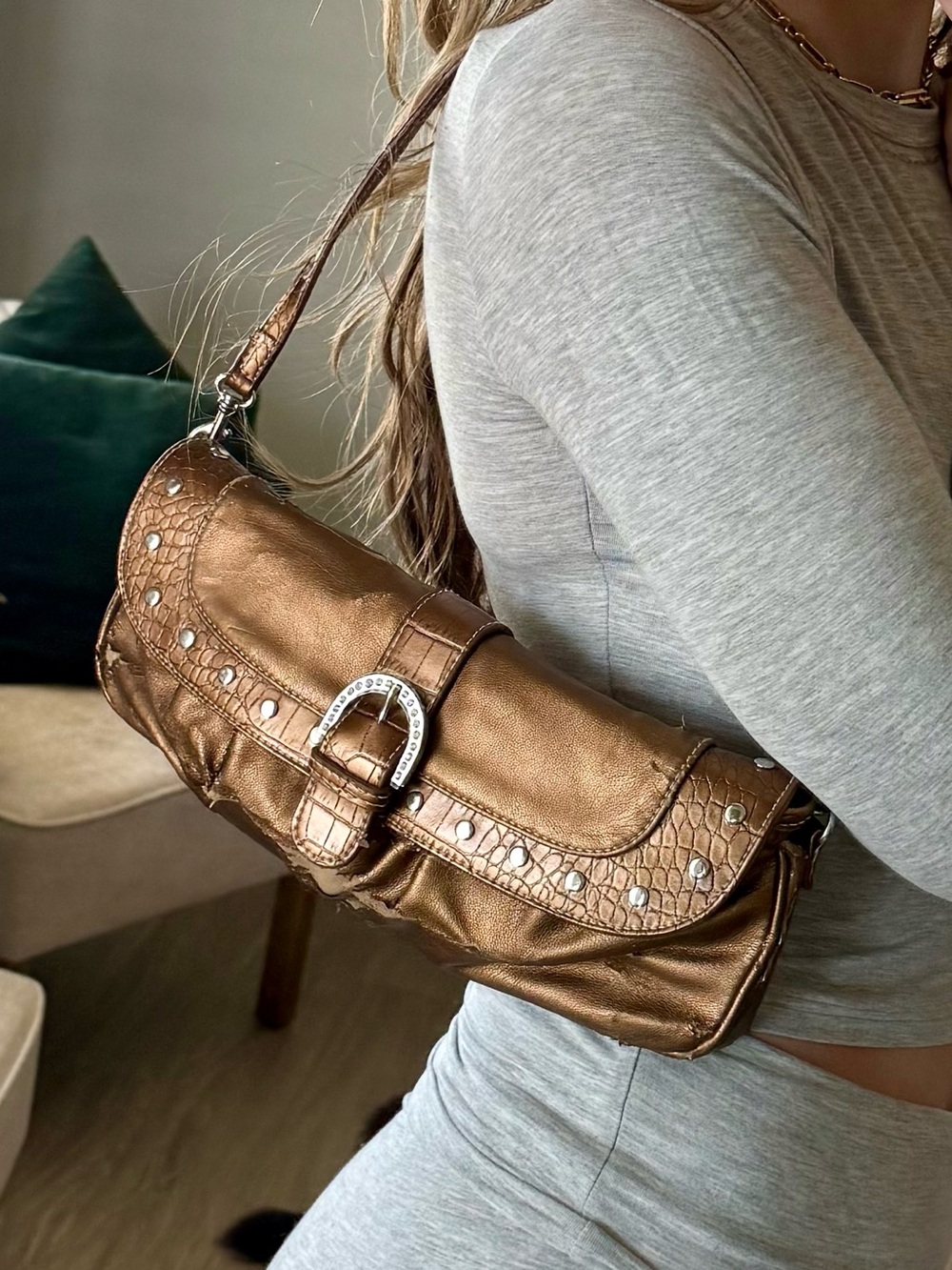 Y2K Worthington Bronze Metallic Studded Shoulder Bag Baguette Purse